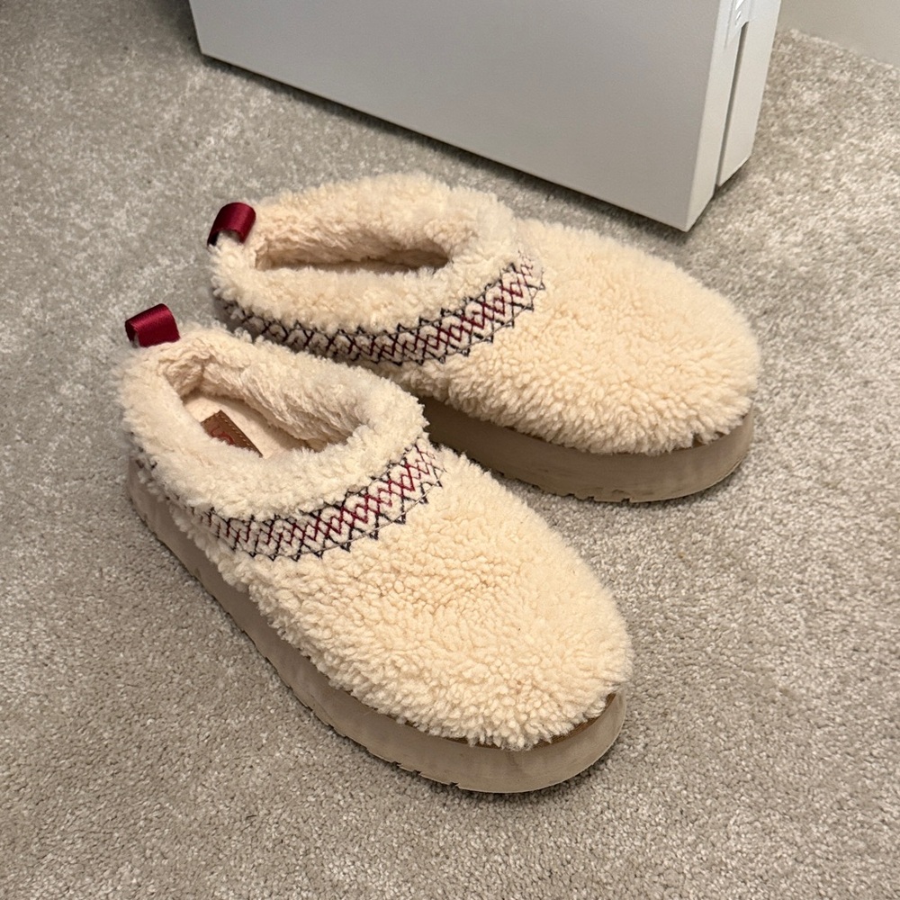 UGG Tan and Red Plush Slippers
